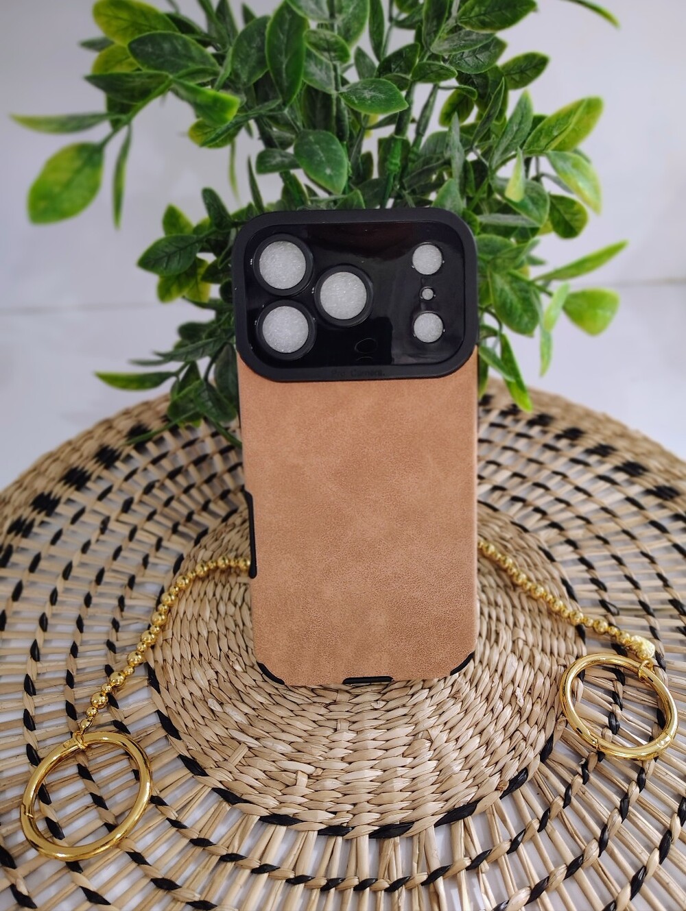 Leather-look Tan Imitation iphone 17 PRO Case with Black Camera Plate